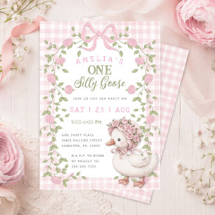 One Silly Goose Pink Gingham Birthday Party Invitation