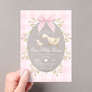 One Silly Goose Pink Gingham Bow girl 1st Birthday Acrylic Invitations