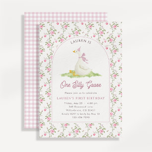 One Silly Goose Pink Gingham First Birthday Invitation