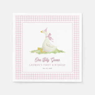 One Silly Goose Pink Gingham First Birthday Napkin