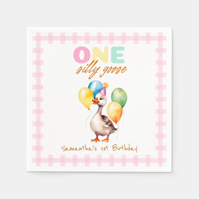 One Silly Goose Pink Gingham Girl 1st Birthday Napkin (Front)