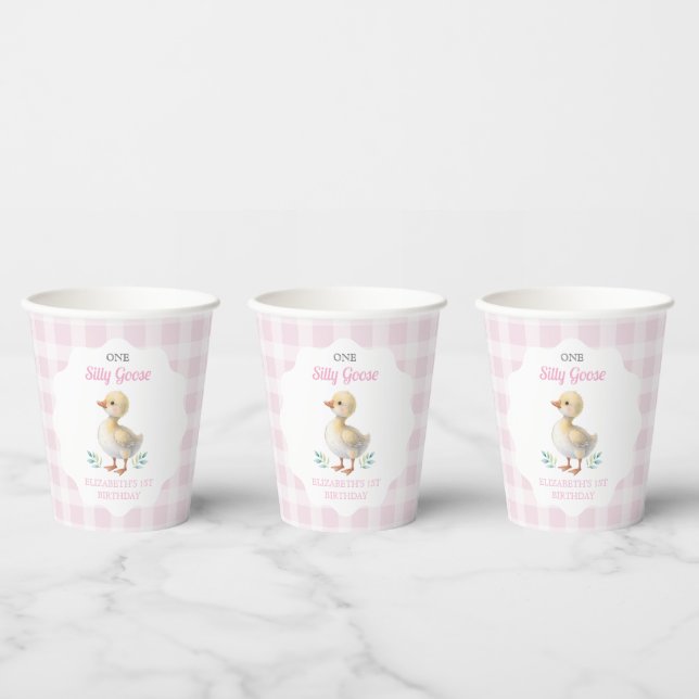 One Silly Goose Pink Gingham Girl First Birthday Paper Cups (Multi)