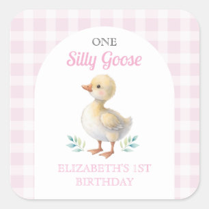 One Silly Goose Pink Gingham Girl First Birthday Square Sticker