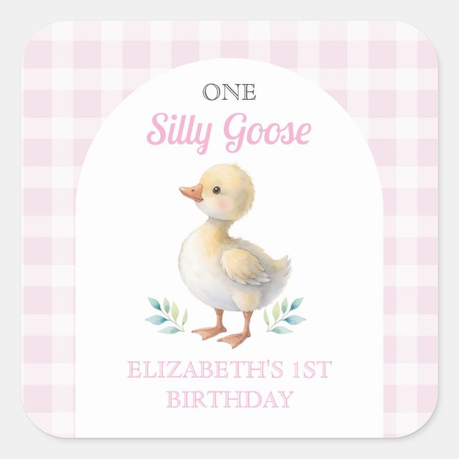 One Silly Goose Pink Gingham Girl First Birthday Square Sticker (Front)