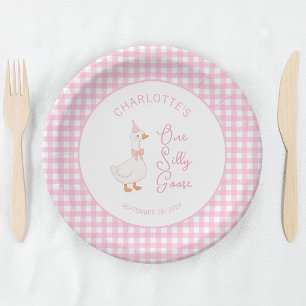 One Silly Goose Pink Gingham Rustic First Birthday Paper Plate