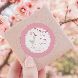 One Silly Goose Pink Girl Birthday Classic Round Sticker