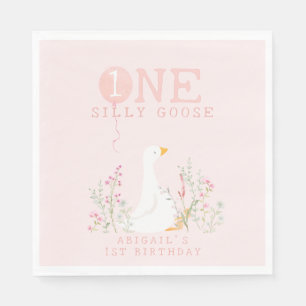 One Silly Goose Pink Girls 1st Birthday Napkin