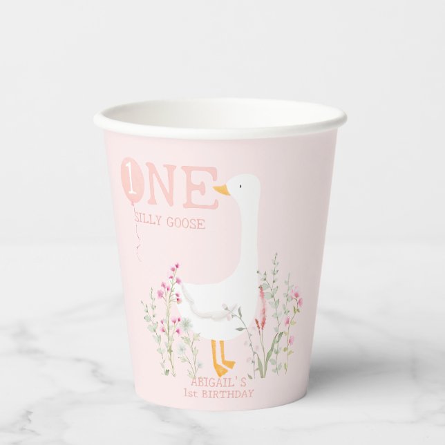 One Silly Goose Pink Girls 1st Birthday Paper Cups (Front)