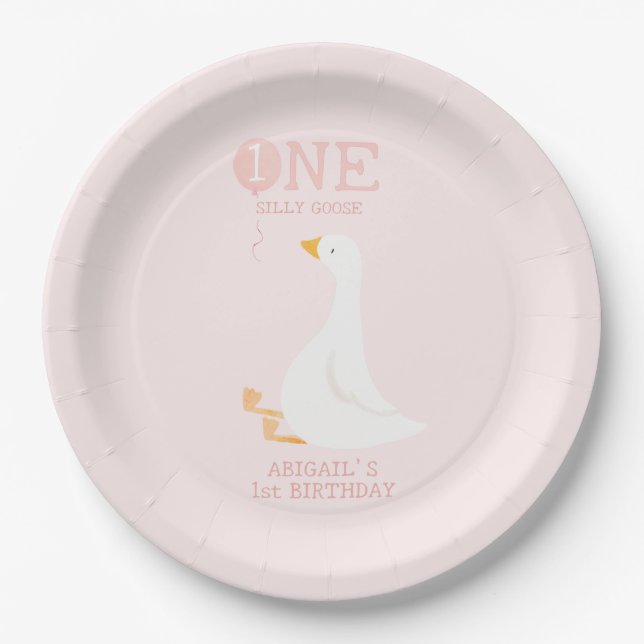 One Silly Goose Pink Girls 1st Birthday Paper Plate (Front)
