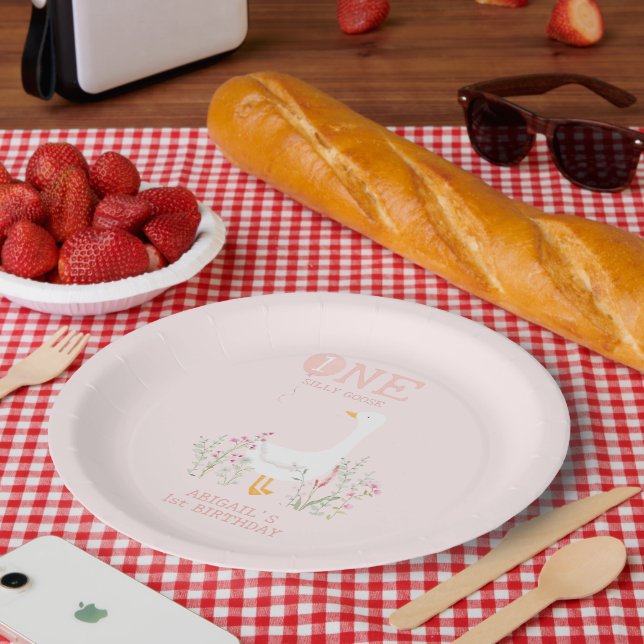 One Silly Goose Pink Girls 1st Birthday Paper Plate (Picnic)