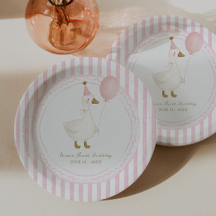One Silly Goose Pink Girls 1st Birthday Paper Plate