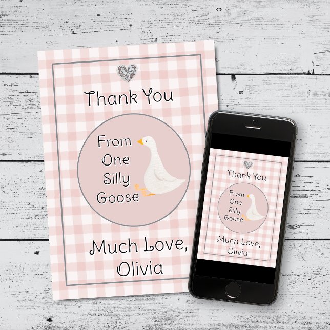 One Silly Goose Pink Grey Birthday Party Thank You Card (Girl 1st Birthday Party Thank You Cards)
