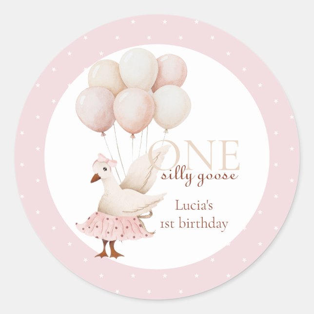 One Silly Goose Pink Pastel 1st Birthday  Classic Round Sticker (Front)