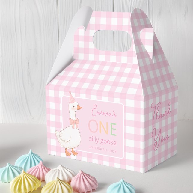 One Silly Goose Pink Plaid Girl 1st Birthday Party Favor Box (Creator Uploaded)