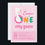One Silly Goose Pink Plaid Girl 1st Birthday Party Invitation<br><div class="desc">For a baby girl's first birthday with the theme "one silly goose". The background is pink and white gingham chequered plaid pattern. The word ONE has each letter in a different colour: pink, orange and green, and a white goose's head pops from the big O. The name is written in...</div>