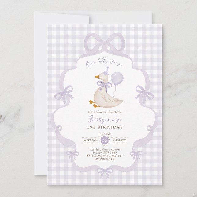 One Silly Goose Purple Bow Balloon 1st Birthday Invitation (Front)
