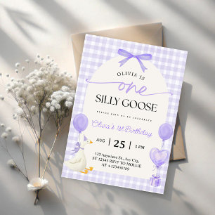 One Silly Goose Purple Pink Gingham 1st Birthday Invitation