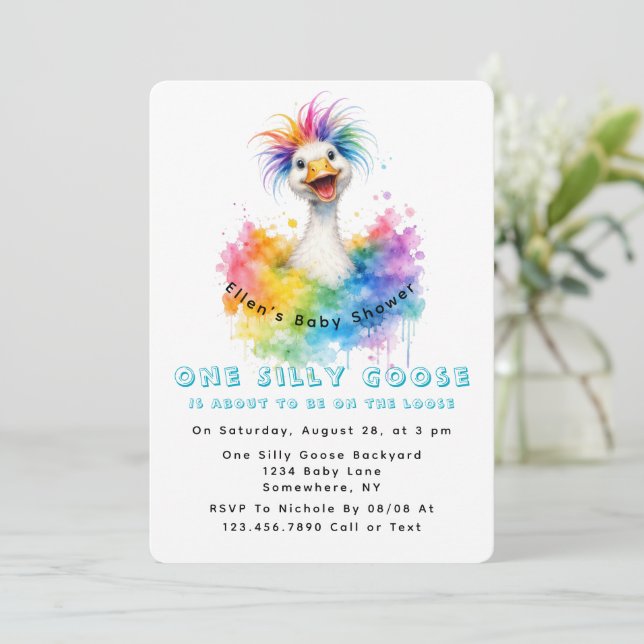 One Silly Goose Rainbow Baby Shower Cute Invitation (Standing Front)