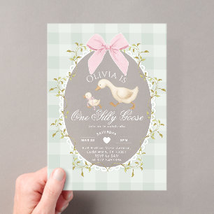 One Silly Goose Sage Gingham Bow girl 1st Birthday Acrylic Invitations