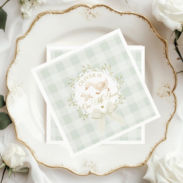 One Silly Goose Sage Gingham Gender neutral Napkin (Creator Uploaded)