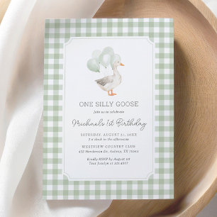 One Silly Goose Sage Green Gingham 1st Birthday Invitation
