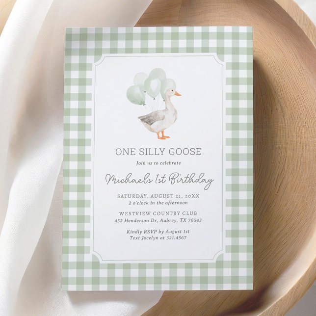 One Silly Goose Sage Green Gingham 1st Birthday Invitation (Creator Uploaded)