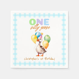 One Silly Goose Soft Blue Gingham Boy 1st Birthday Napkin