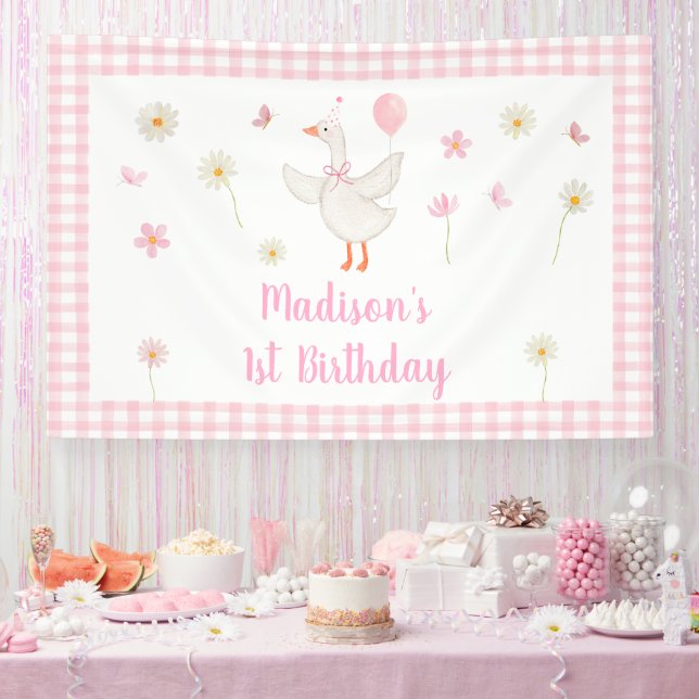 One Silly Goose Spring Pink Daisy First Birthday  Banner (Party)