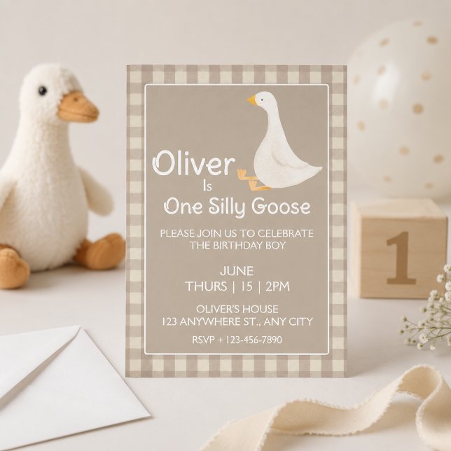 One Silly Goose Tan Gingham First Birthday Party Invitation (Creator Uploaded)