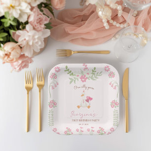 One Silly Goose Vintage Pink Duck 1st Birthday  Paper Plate