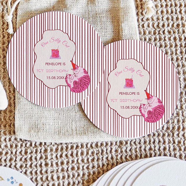 One Silly Pink Kitty 1st Birthday Classic Round Sticker (Creator Uploaded)