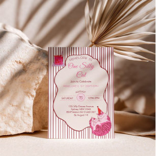 One Silly Pink Kitty 1st Birthday Invitation