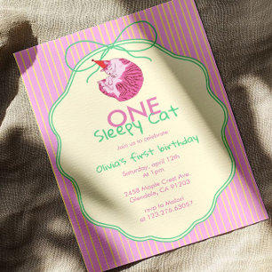 One Sleepy Cat 1st Birthday – Yellow Stripes Invitation