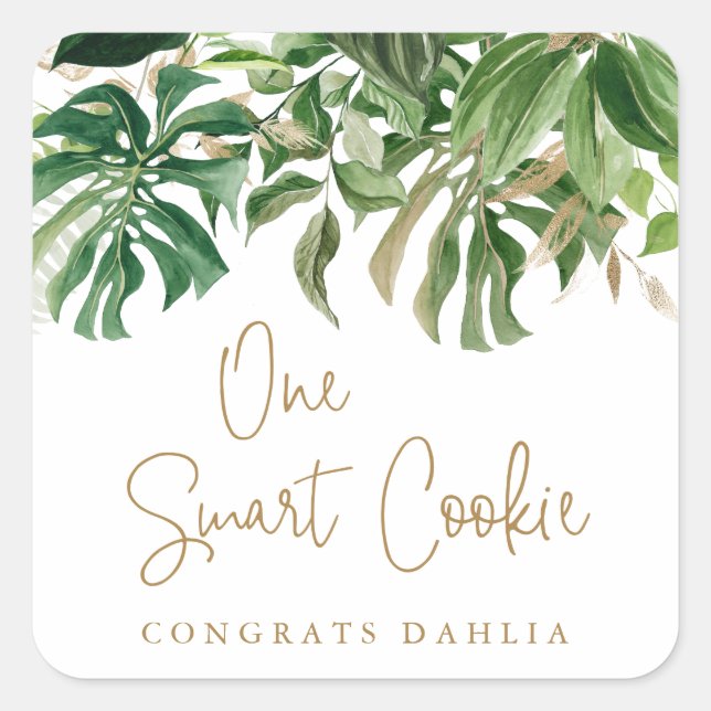 One Smart Cookie Gold Greenery Tropical Graduation Square Sticker (Front)