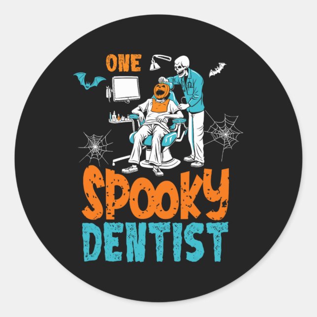 One Spooky Dentist Scary Dental Halloween Skeleton Classic Round Sticker (Front)