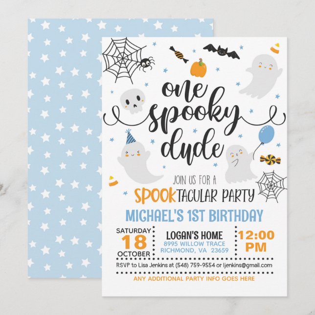 One Spooky Dude Birthday Invitation - Boy (White) (Front/Back)