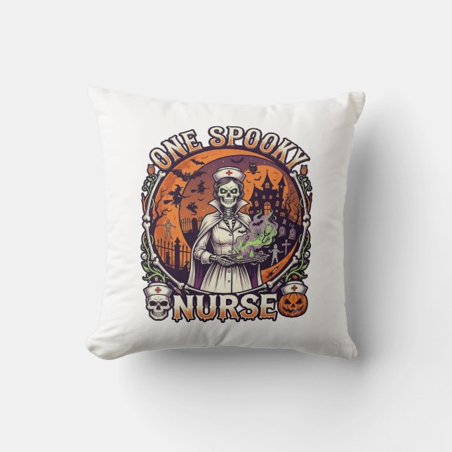 One Spooky Nurse Halloween Skeleton Potions Haunte Throw Pillow (Front)