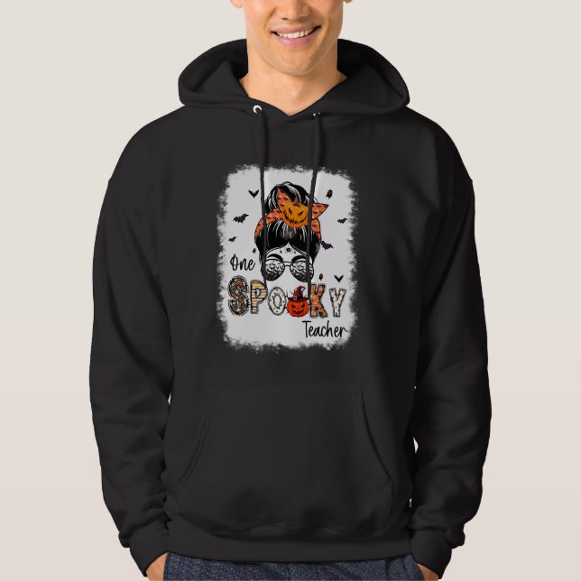 One Spooky Teacher Messy Bun Women Pumpkin Hallowe Hoodie (Front)