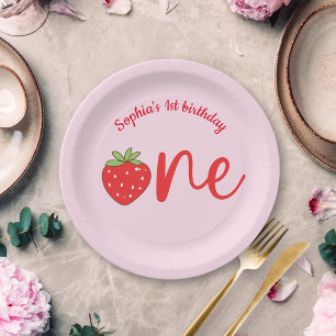 One Strawberry Birthday Pink Paper Plate