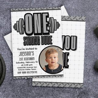 One Strong Dude - 1st Birthday with Photo Invitation