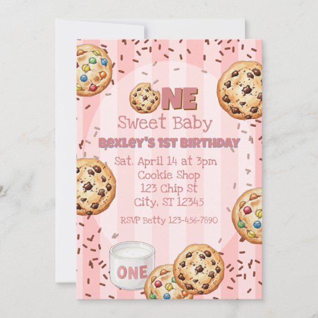 One Sweet Baby, Pink Cookie 1st birthday Invitation (Front)