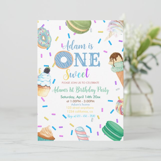 One Sweet Boy Doughnut Blue Dessert 1st Birthday  Invitation (Standing Front)