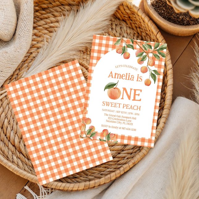 One Sweet Gingham  Peach 1st Birthday invitation (Creator Uploaded)