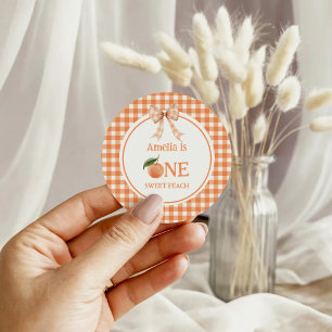 One Sweet Gingham Peach 1st Birthday invitation Classic Round Sticker