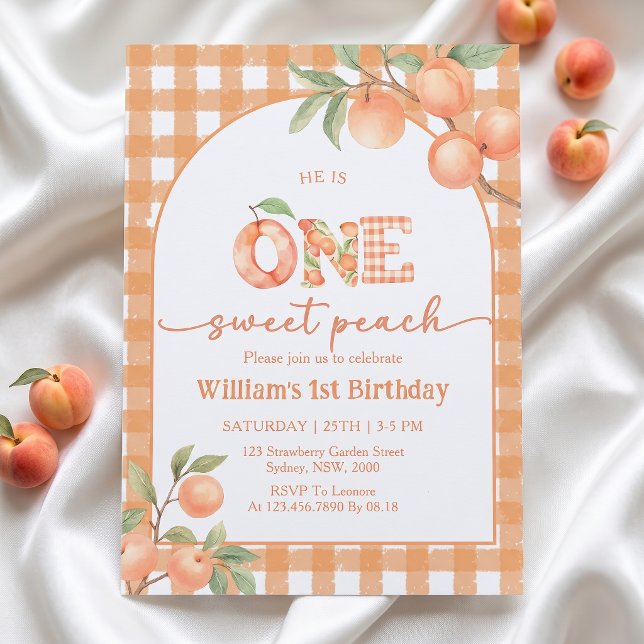 One Sweet Gingham Peach Boy Birthday Invitation (Creator Uploaded)