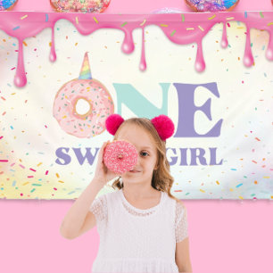 One Sweet Girl Pastel Unicorn Doughnuts Birthday Banner