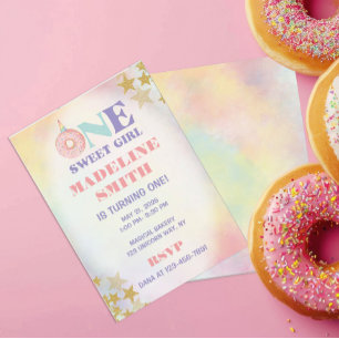 One Sweet Girl Pastel Unicorn Doughnuts Birthday Invitation