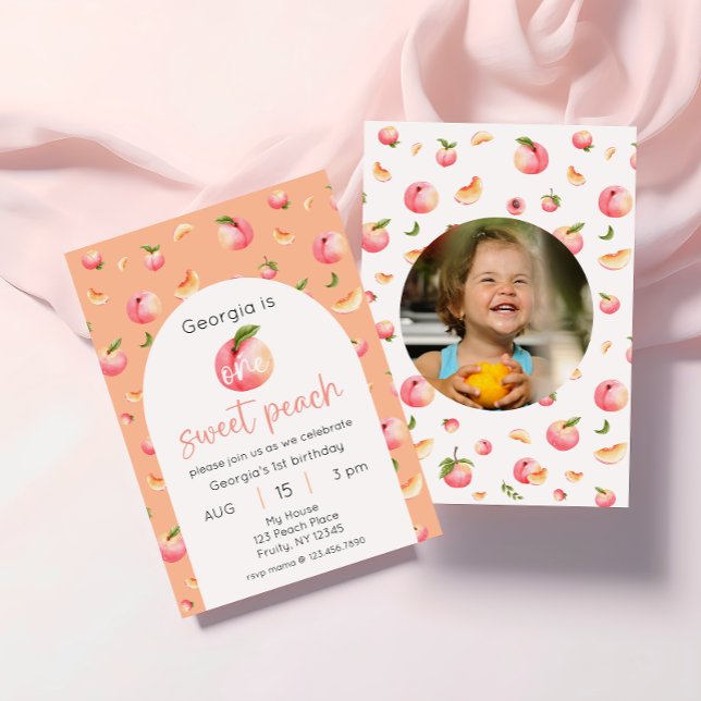 One Sweet Peach 1st Birthday Photo Invitation (Creator Uploaded)