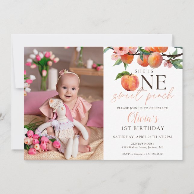 One Sweet Peach 1st Birthday Photo Invitation (Front)