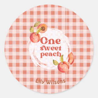 One Sweet Peach 1st Birthday Rustic Gingham Classic Round Sticker